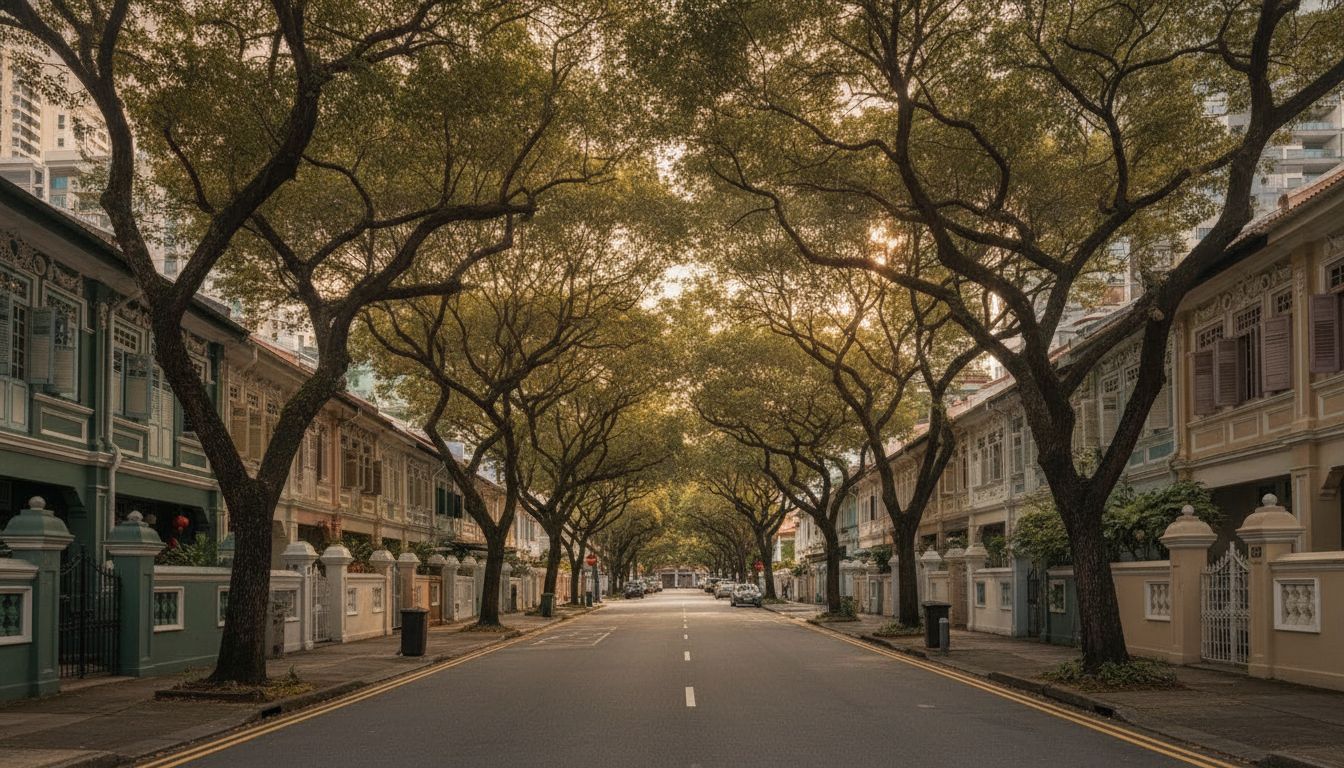 Tree-lined landed housing street in District 16, Singapore
