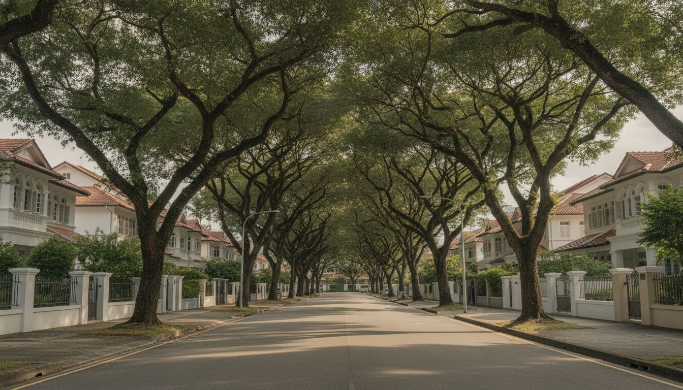 Tree-lined landed residential street in District 16, Singapore